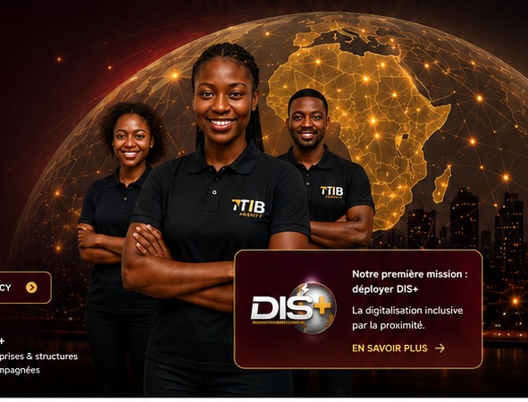 Équipe TIB Agency devant une carte numérique de l'Afrique